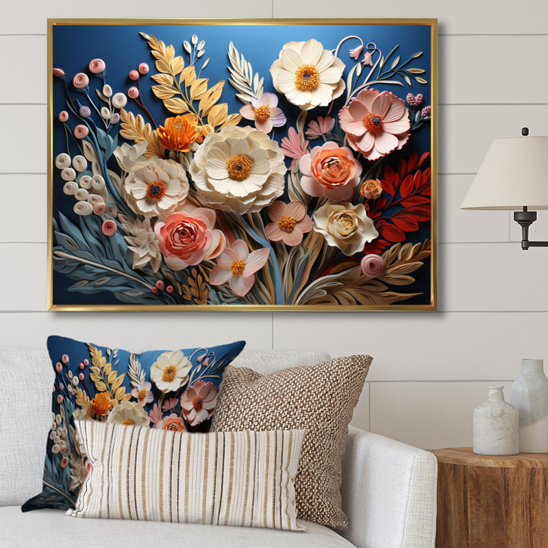 «White Wildflowers Natures Symphony II», art mural fleurs sauvages, Cadre flottant doré, H 30 po x l 40 po x P 1,5 po