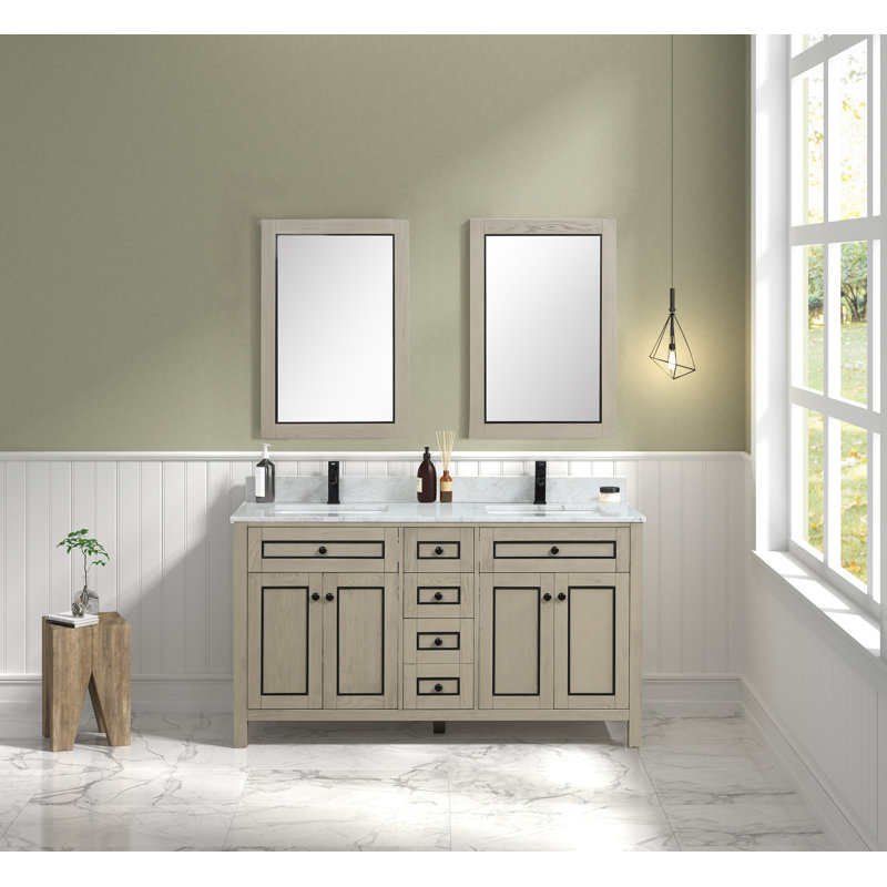 60'' Double Bathroom Vanity with Marble Top, Light Oak