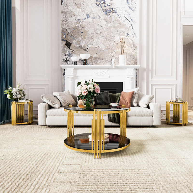 3 Piece Round Glass Coffee Table Set, Modern Living Room Table Set with 1pc 31.5" Coffee Table & 2pcs 19.8" End Tables, Luxury Glass Coffee and End Table Set with Asymmetrical Metal Base & Lower Shelf for Home Office