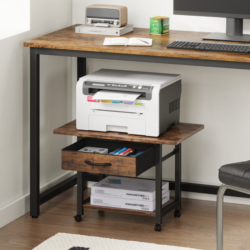 Maycin 22'' Wide Printer Stand with Storage Drawer and Wheels, Brown/Black