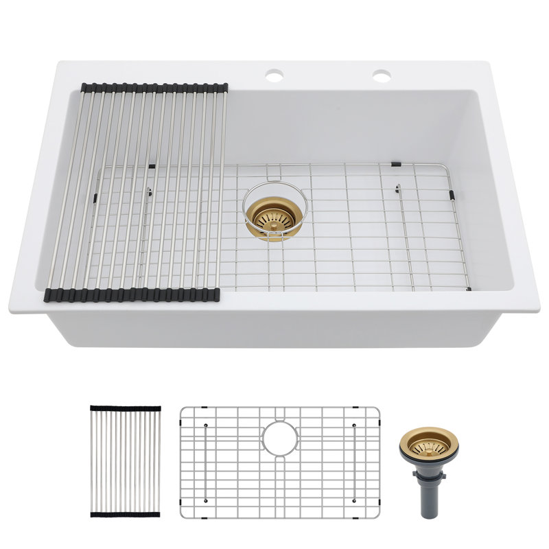 33'' L x 22'' W Quartz Drop-In Kitchen Sink, Granite Composite Single Bowl Kitchen Sink with Sink Grid, Strainer and Roll-up Rack