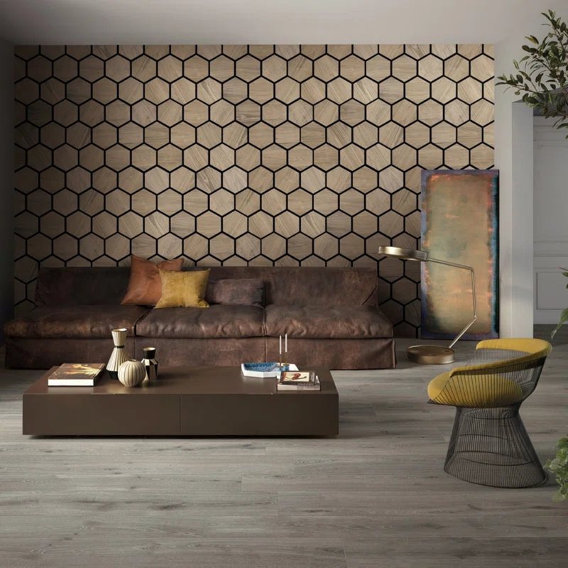 29"x23.8" 3D Hexagon DIY Acoustic Wall Paneling Natural Wood Veneer Decorative Soundproof (Set of 4), Walnut