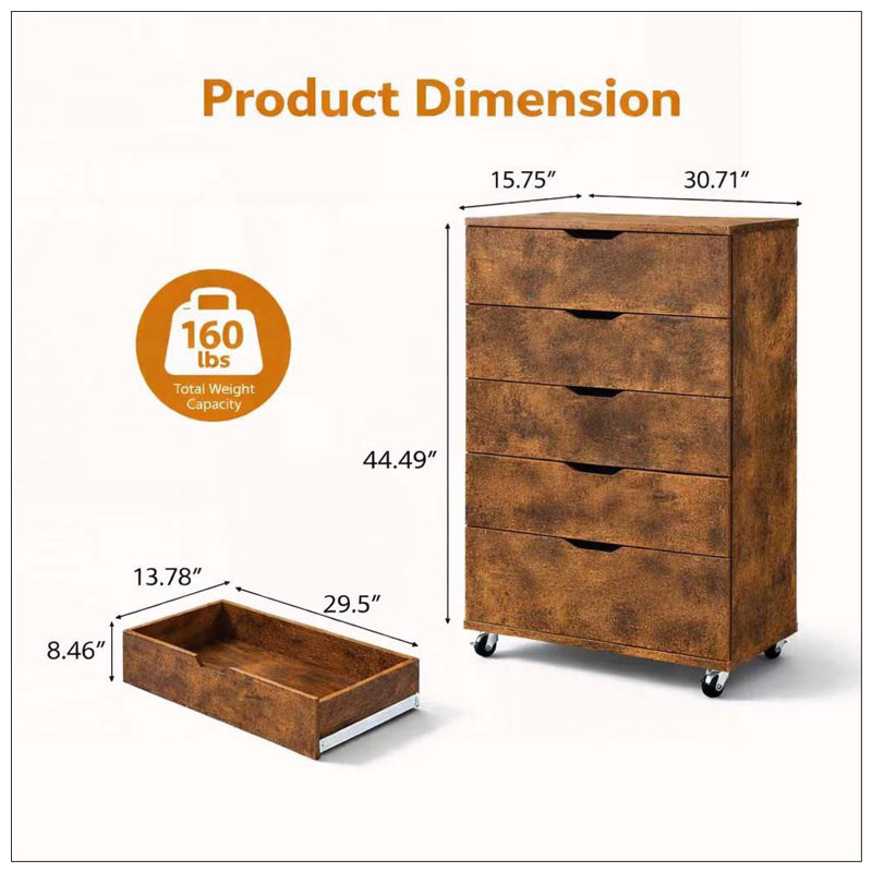 Commode mobile à 5 tiroirs avec roulettes, Brun rustique