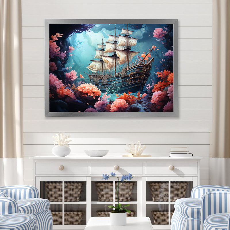 «Pirate Boat Under Water Memory» sur toile, H 16 po x l 32 po x P 1 po, Cadre photo argenté