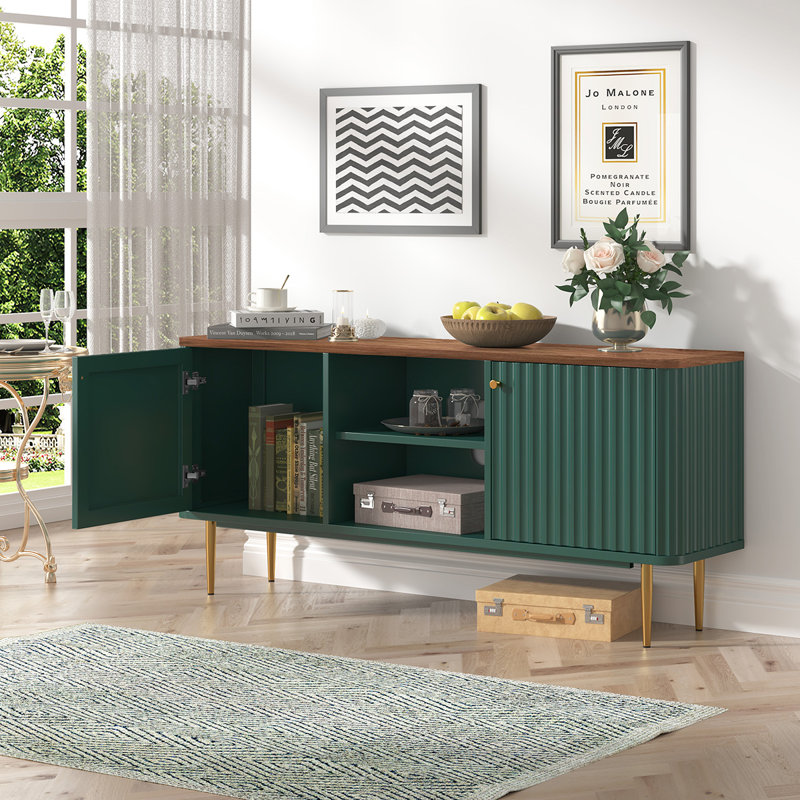 Meuble télé moderne cannelé de 55 po, console multimédia avec pieds dorés, petit centre de divertissement avec gestion des câbles et tablettes réglables