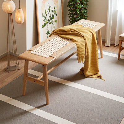 (1.2M) Woven Design Natural Oak Wood Dining Bench Bed Bench For Dining Room, Bedroom