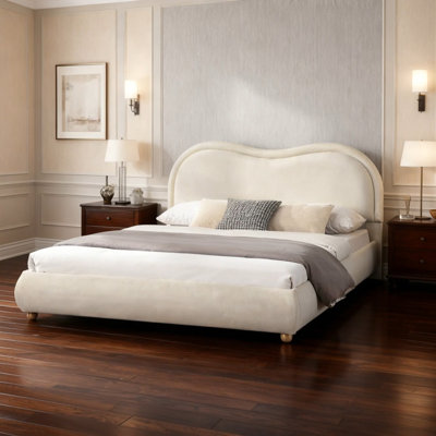 Base de lit tapissier grand format avec tête de lit courbée, lattes en bois et tissu chenille, aucun sommier requis, assemblage facile