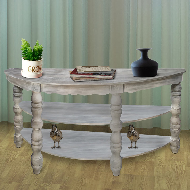 Console demi-lune en bois avec 2 tablettes et pieds tournés, gris