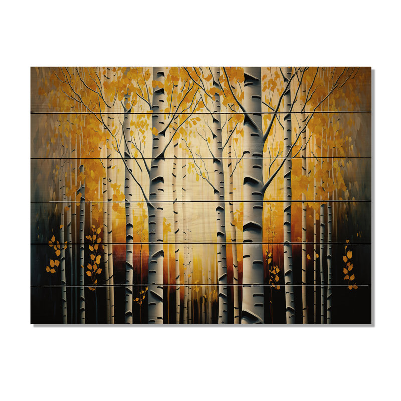 Into A Golden Birch Forest II - paysage, art mural sur toile, H 12 po x l 20 po x P 1 po, Bois