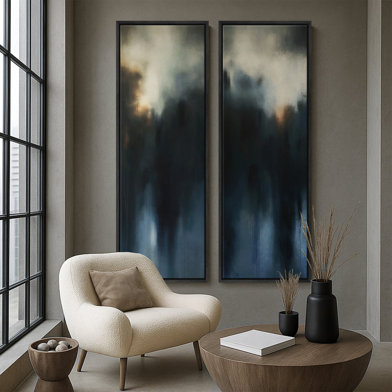 «Moody Deep Blue Abstract Misty Landscape», ensemble de 2 reproductions d'art murales encadrées sur toile 60 po x 20 po x 2 pièces, 60 po x 30 po x 2 pièces
