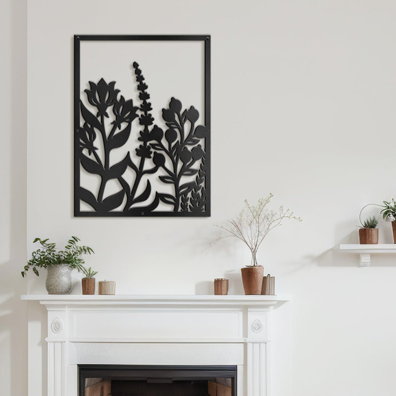 Décoration murale en métal Botanical Flowers Minimalist Modern Abstract, H 30 po x l 22,56 po x P 0,05 po, Noir