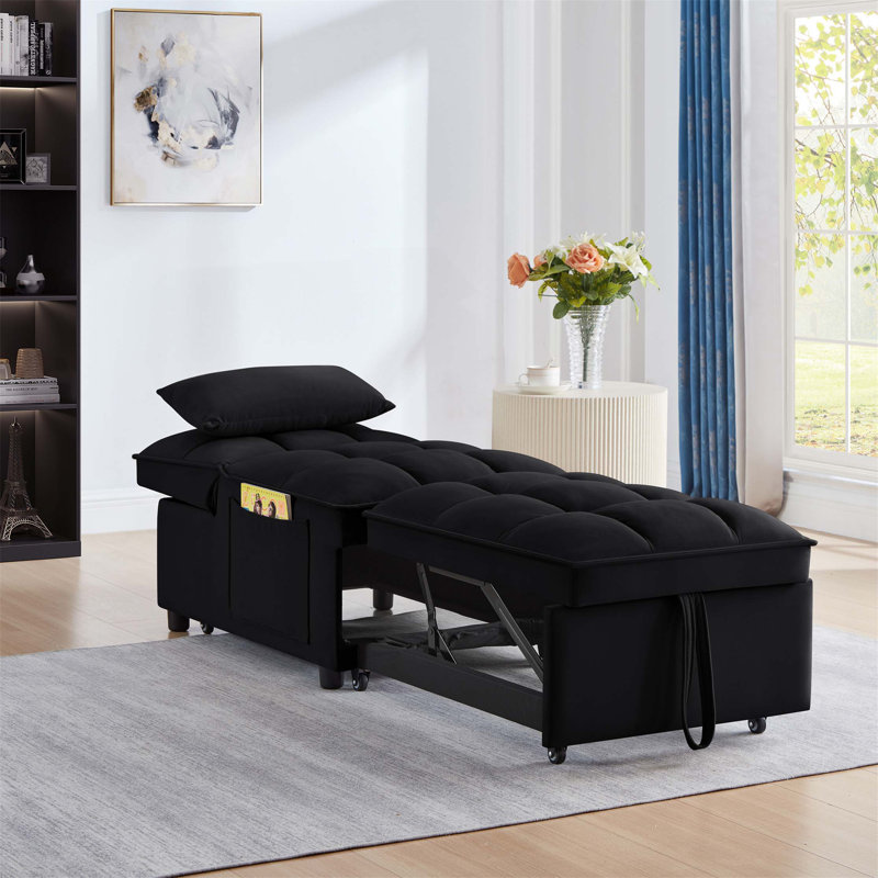 Tufted Single Pull-Out Sofa Bed with Adjustable Backrest And Pillows, Convertible Chaise Lounge, Black Velvet