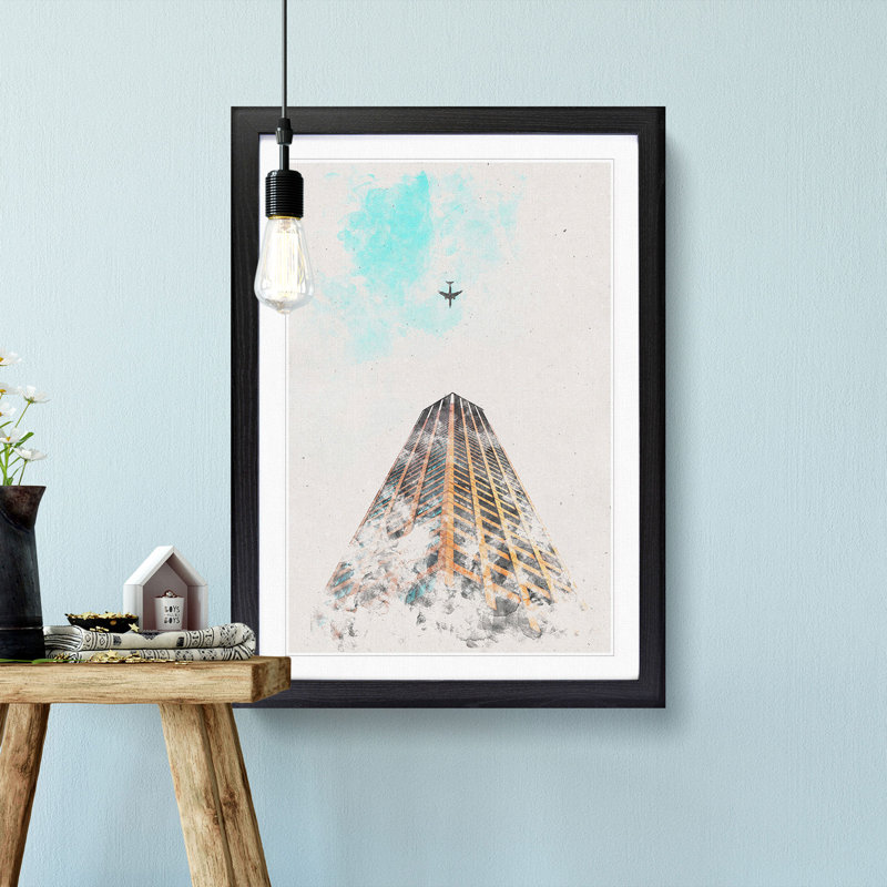Airplane Flying Above Tokyo Watercolour - Picture Frame Graphic Art, 33cm H x 24cm W x 2cm D, Black Framed