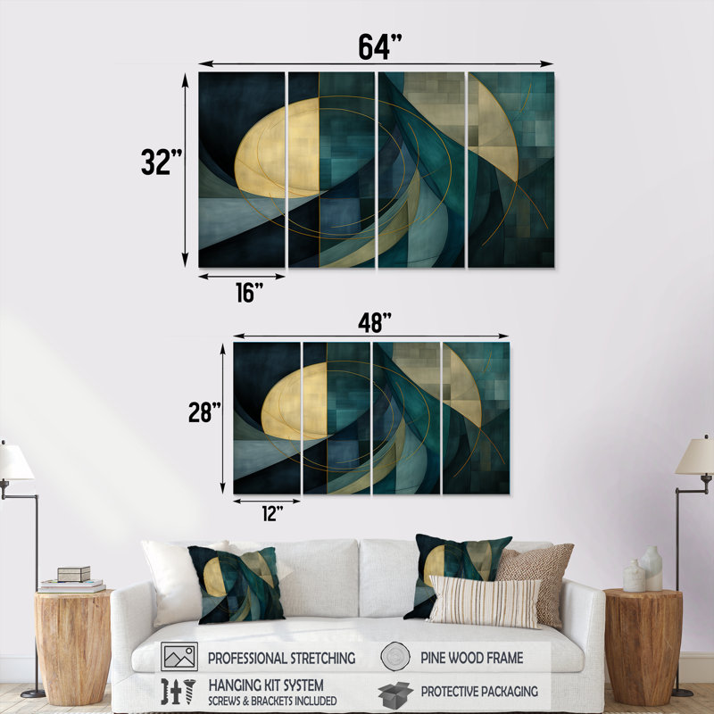 Abstract Echoes Swirls II - Abstract Collages, art mural 4 pièces pour le salon, H 28 po x l 48 po