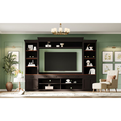Black And Walnut Media Console With Tv Stand Drawer Space For Living Room Entertainment Unit Wine Rack Storage 70" Tvs