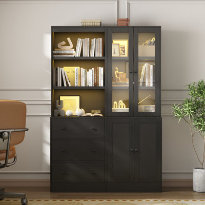 71'' H X 47.2'' W Standard Bookcase Cabinet With Tempered Glass Doors & Led Lights (A+B)