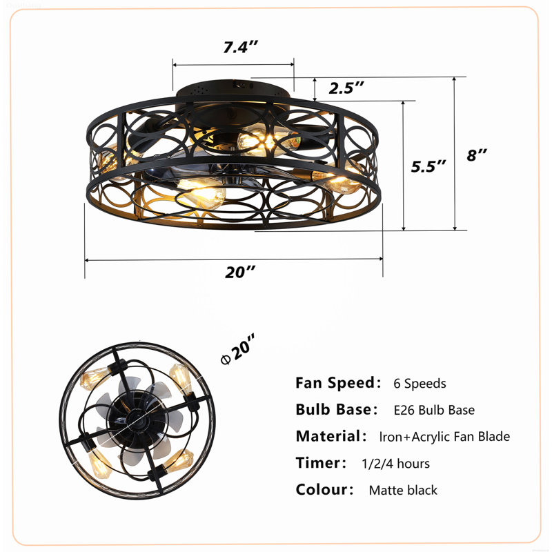 Ventilateur de plafond encastré avec télécommande réversible 6 vitesses Farmhouse, Noir mat