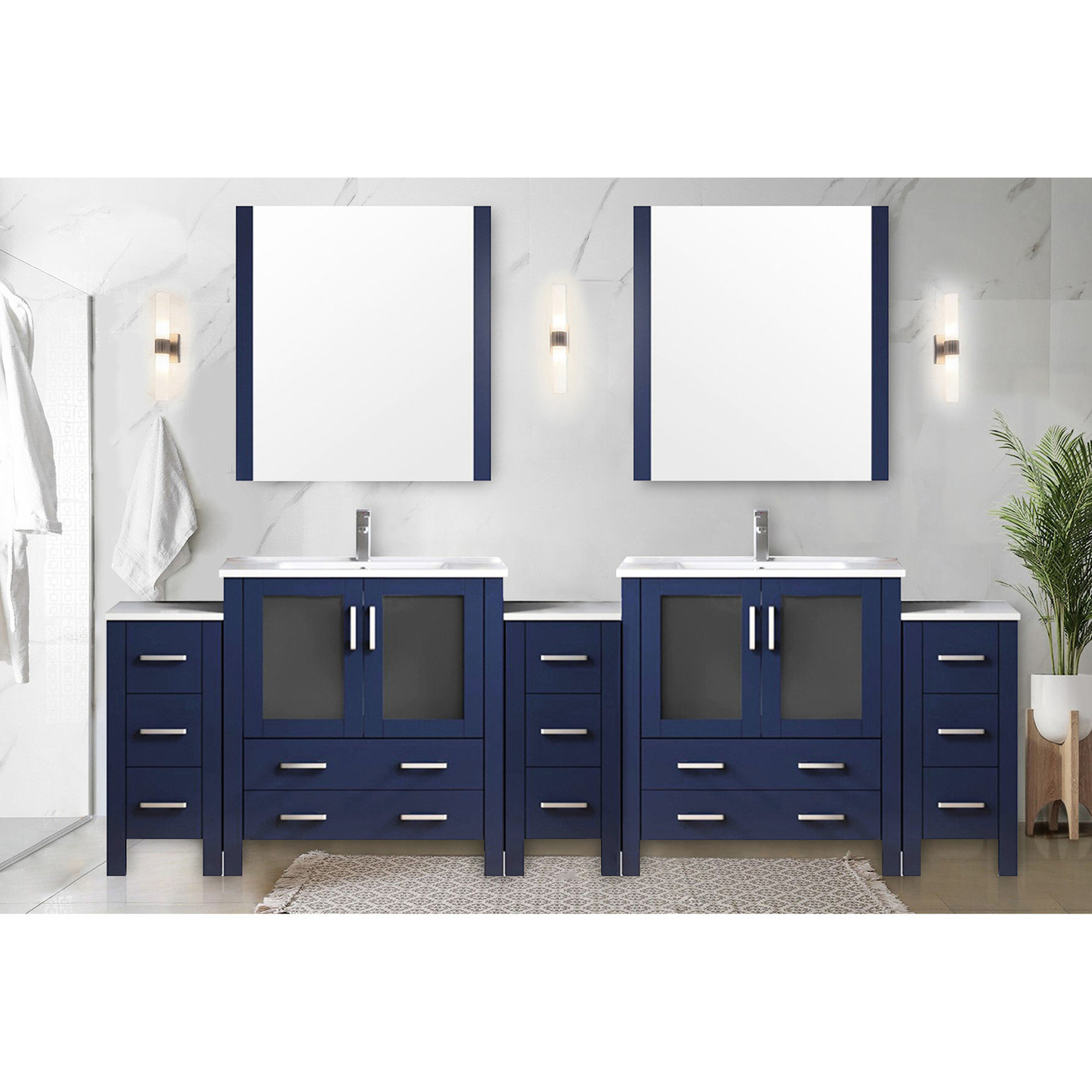 17 Stories Navy Blue Double Vanity With Side Shelves, White Ceramic