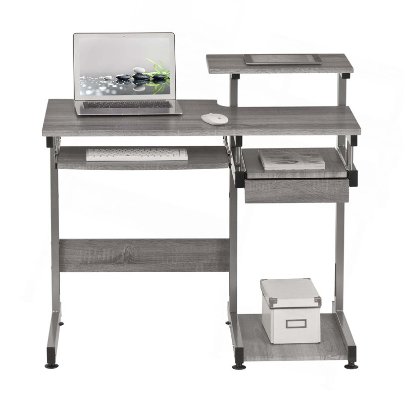 Sleek Gray MDF and Steel Compact Computer Desk with Drawers
