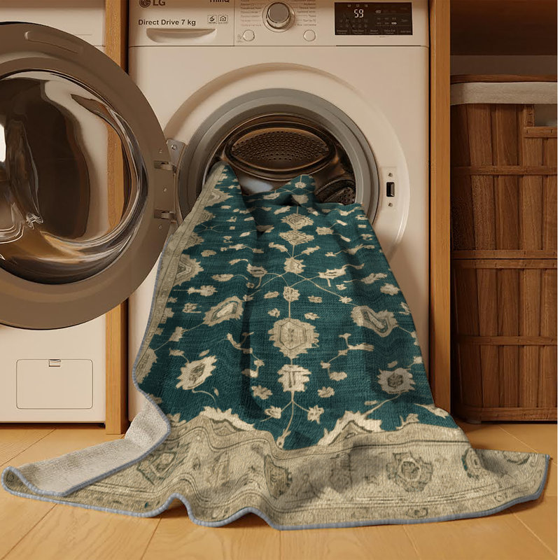 Machine Washable Overdyed Green Area Rug, Rectangle 6' x 9'