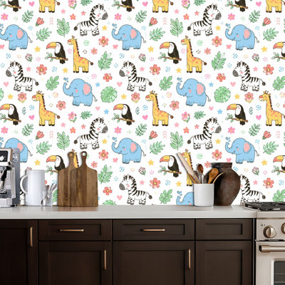 Papier peint auto-adhésif à griffer, animaux de la jungle, éléphant, lion, zèbre, crocodile, girafe, papier contact, adhésif mural amovible, décoration murale pour armoires de cuisine de chambre à coucher, 24 po x 118 po