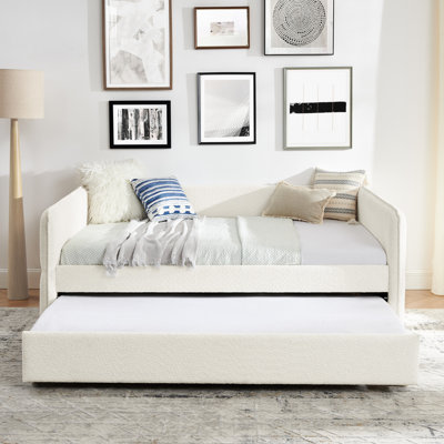Lit de jour rembourré pleine grandeur avec couchette en tissu bouclé beige 83 x 58,5 x 29,5 pouces à rayures verticales sur les dossiers Fonctionnel pour plus de sommeil Confortable dossier en mousse Espace supplémentaire