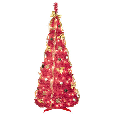 Arbre de Noël rouge escamotable de 6 pi, 150 lumières à DEL blanc chaud, tous les articles de décoration pour un look des Fêtes complet, espace et arbre à utilisation à long terme avec des accessoires festifs entièrement ornés, de superbes petits espaces de vie