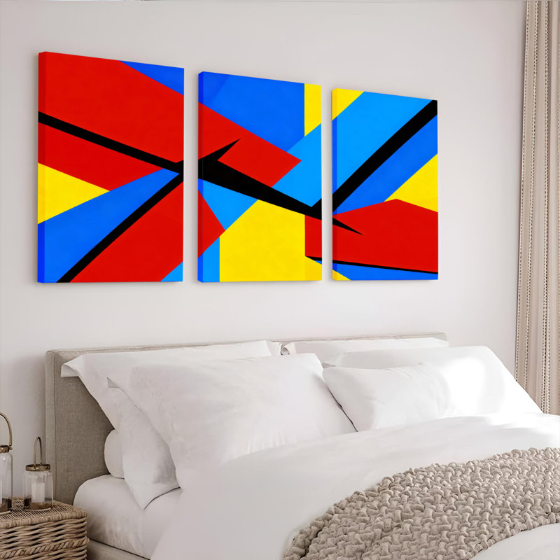 Ensemble de 3 tableaux muraux abstraits géométriques à blocs de couleur sur toile tendue, H 18 po x l 36 po