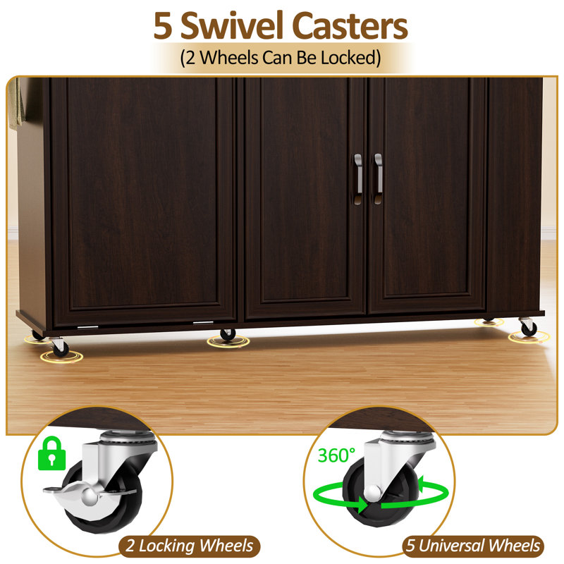 Kitchen Island With Trash Can Storage & Drop Leaf, Rolling Kitchen Cart With Drawers, 3-tier Spice Rack And Towel Rack, Island Table On Wheels For Kitchen, Dining Room