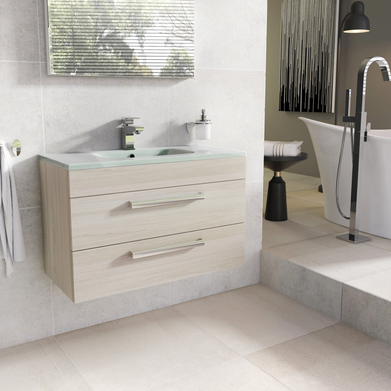 Whitfield 800mm Single Bathroom Vanity with Integrated Glass Basin, Light Elm, Glass