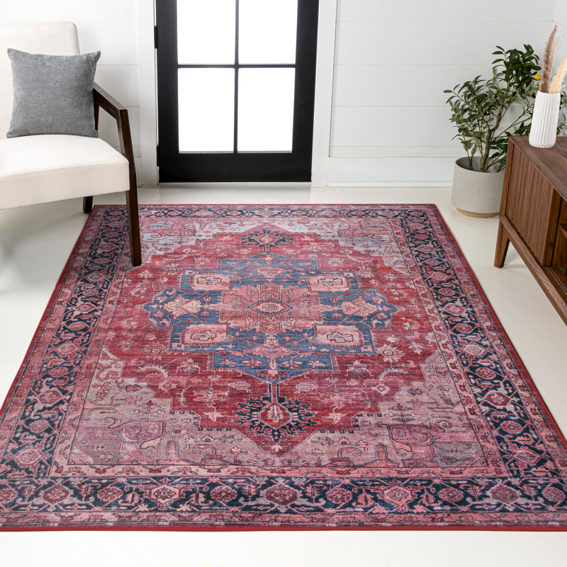 Tapis rouge / noir / bleu Sarok, Rectangle 5 pi 3 po x 7 pi 7 po