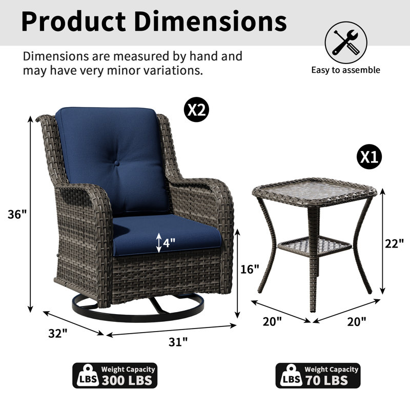 Ensemble de conversation en rotin pour 2 personnes avec 1 table basse, 2 chaises pivotantes et coussins bleus, Bleu