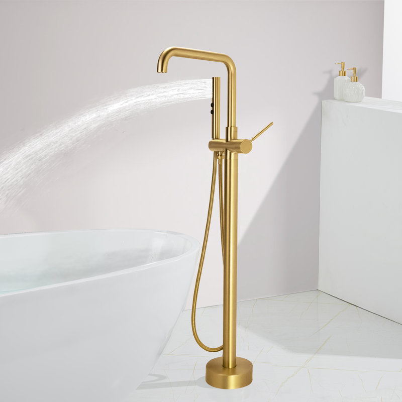 Single Handle Floor Mounted Freestanding Tub Filler with Diverter, Gold