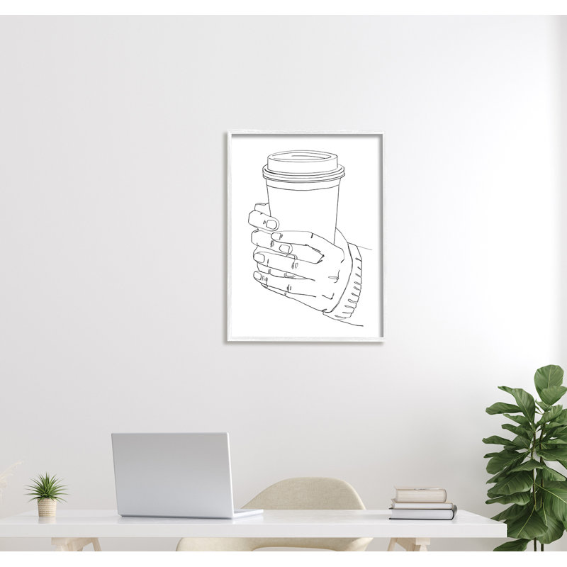 Mains fermes sur une tasse de café - reproduction de dessin, H 30 po x l 24 po x 1,5 po, Giclée encadrée blanc bord de mer