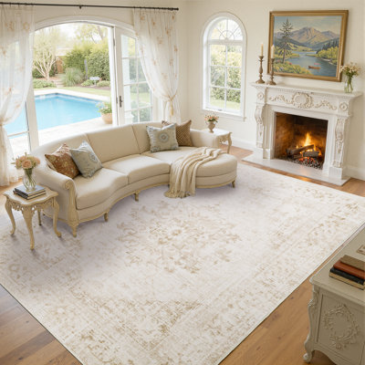 Tapis 10x14 pour salon, grand tapis lavable à motif floral vintage, tapis doux à poils courts et antidérapant pour chambre, salle à manger, bureau, tapis d'intérieur beige vieilli
