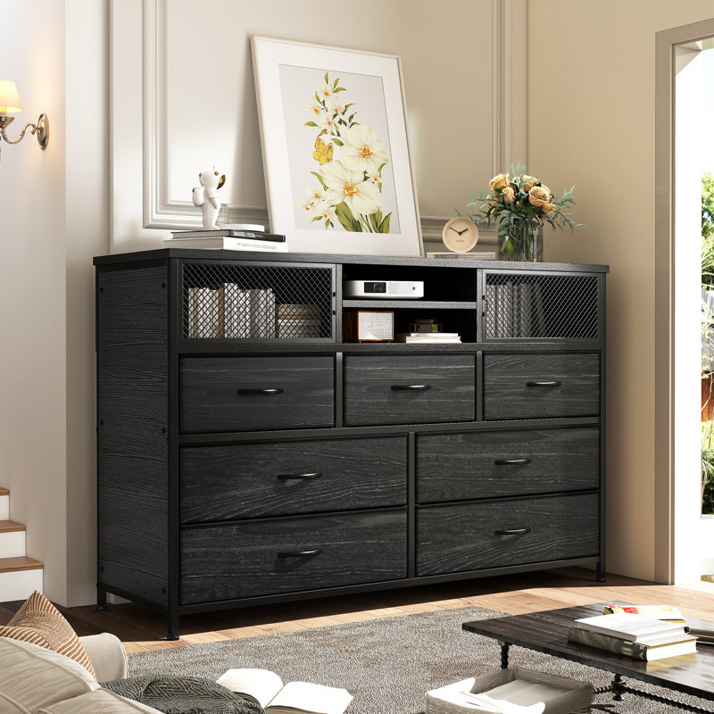 7 Drawers Dresser For Bedroom With Metal Mesh Door, Wide Dresser Tv Stand With Power Outlets, Black