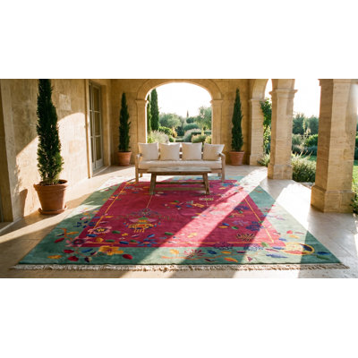 Cranberry Fuchsia Field And Teal Border Antique Art Deco Chinese Rug
