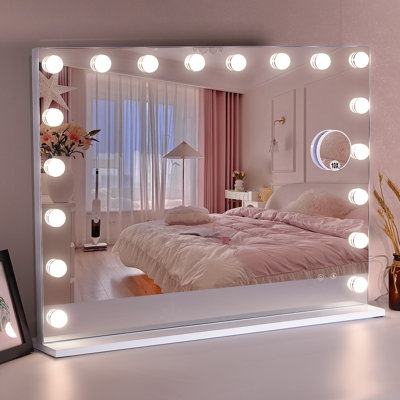 Miroir de salle de bain avec miroir 31,5 po x 22,8 po avec 18 ampoules à intensité variable pour le maquillage, table / haut-parleur suspendu Bluetooth avec écran tactile et port de charge USB