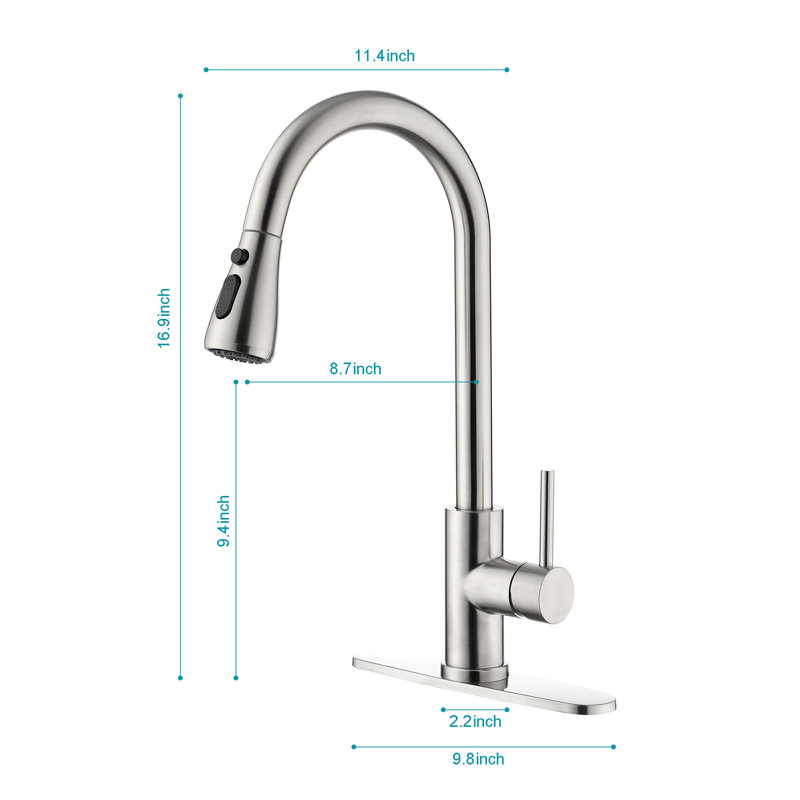 Robinet de cuisine avec douchette extractible, nickel brossé, acier inoxydable, buse rotative à 360 °, tête de douchette élégante pour évier, rotation, qualité