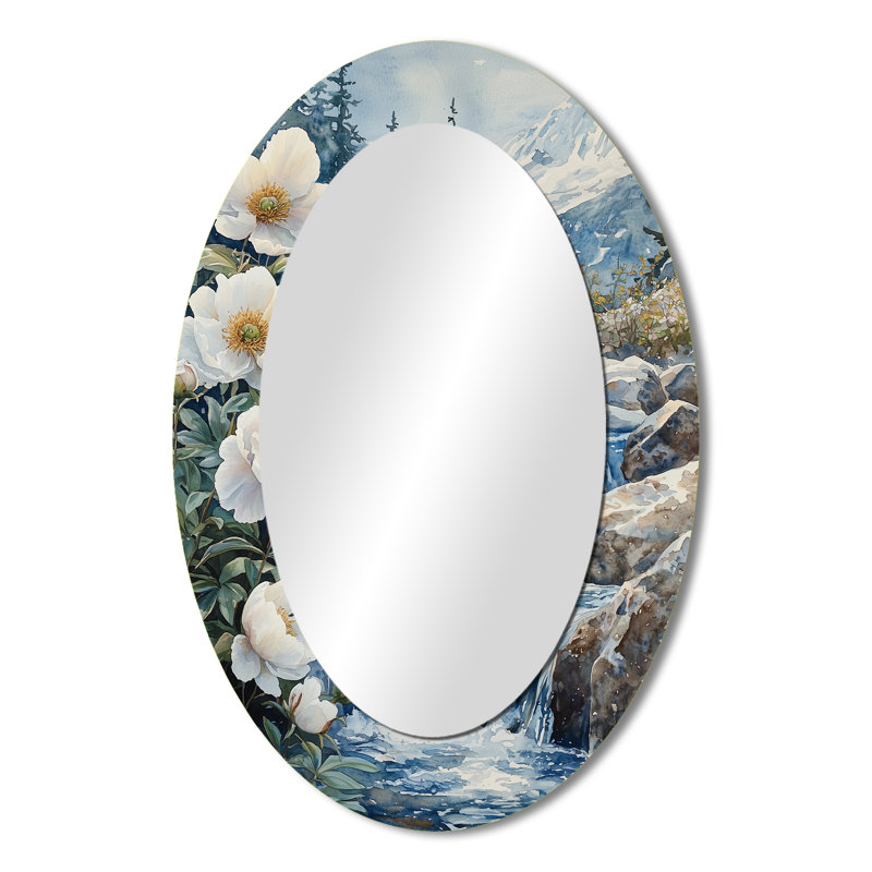 Pivoines blanches et les eaux glaciaires II - Miroir mural blanc traditionnel, 36 po x 24 po