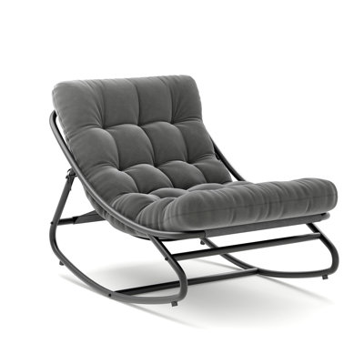 Fauteuil à bascule Papasan surdimensionné en forme d'œuf, fauteuil d'extérieur en fer enduit de E avec coussin, capacité de 450 lb, fauteuil inclinable confortable pour le patio, le jardin, le porche ou le salon (utilisation intérieure, gris foncé)