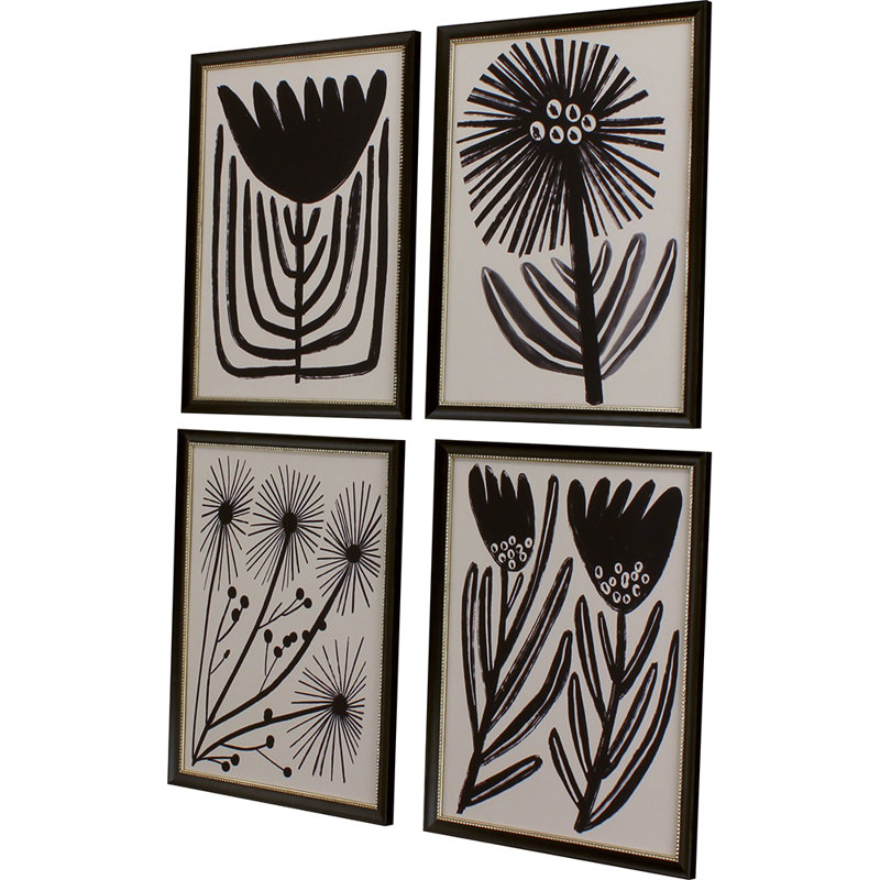 Medium Wood Framed Abstract Floral Art Set in Black and Beige