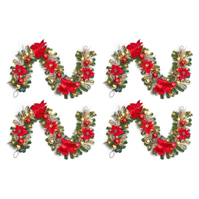 Guirlande de Noël 6 pi avec 20 lumières DEL, poinsettias rouges, boucles en velours et ornements, verdure artificielle en PVC pour manteau de cheminée, escalier et décor intérieur pour les fêtes, 4 pièces