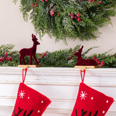 Set of 2 Resin Flocked Burgundy Standing & Sitting Reindeer Stocking Holders