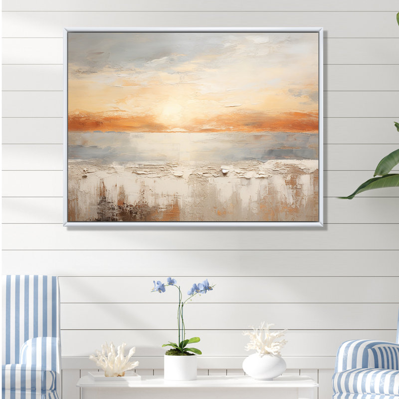 Beige et plage dorée coucher de soleil horizon I - décoration murale plage et océan, Cadre flottant blanc, H 24 po x l 32 po