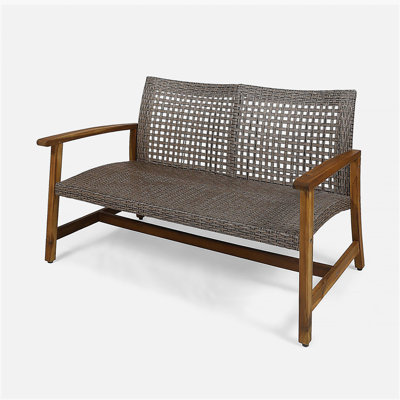 HAMPTON Outdoor Acacia Wood Wicker Loveseat, Patio Furniture Conversation Set for Backyard