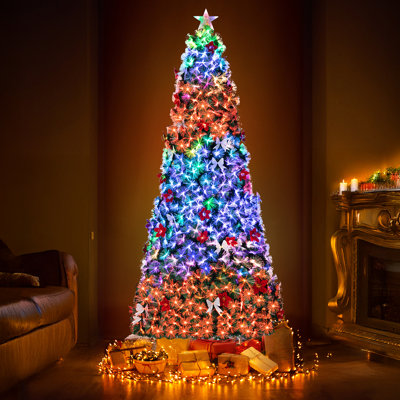 8/9/10ft Pre-Lit Fibre Optic Christmas Tree, Artificial PVC Xmas Tree with Colourful Lights, 380/450/520 Branch Tips, 30/40/50 Flowers&Bows Decorations, Top Star Light, Foldable Metal Base