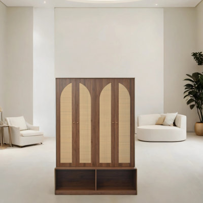 Arbre de couloir large avec 4 portes en rotin et 6 crochets 4-en-1 banc polyvalent avec armoire à chaussures d'entrée Mid-Century avec tablettes réglables pour le salon