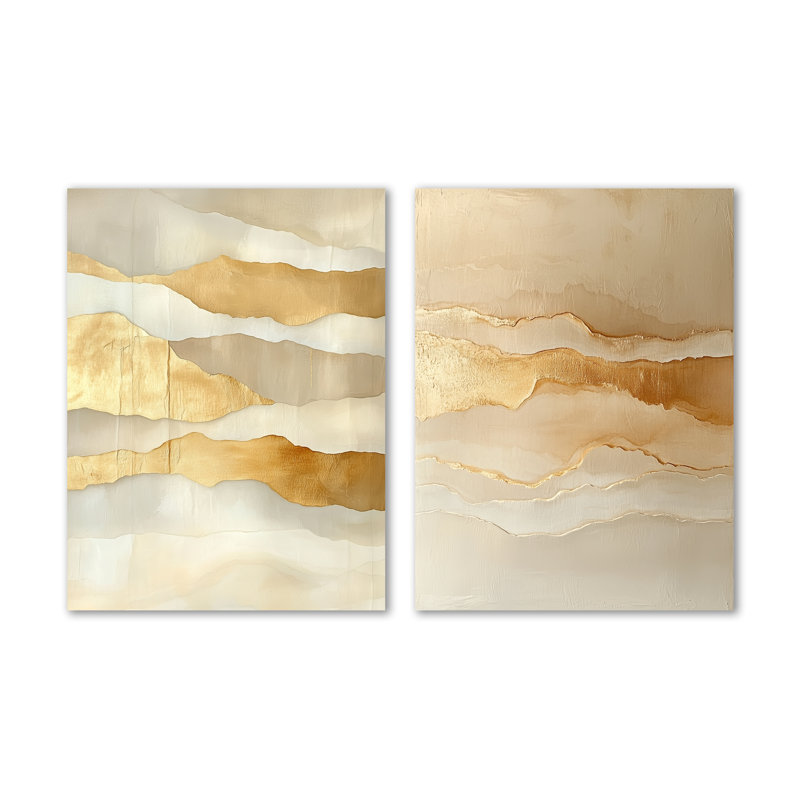 Golden Minimal Waves in Beige - 2 pièces de décoration murale en métal doré moderne, 32" H x 48" W