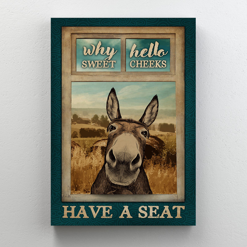 Cute Donkey By Window - Have A Seat - 1 Piece Rectangle Graphic Art Print On Wrapped Canvas, 14" H x 11" W x 2" D